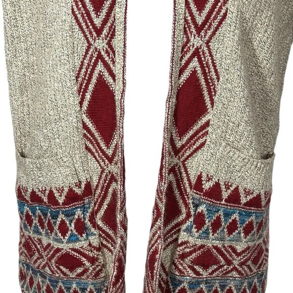 Lucky Brand Aztec Drape Wrap Cardigan Sweater Small Red Beige Tribal Pockets - Picture 5 of 13